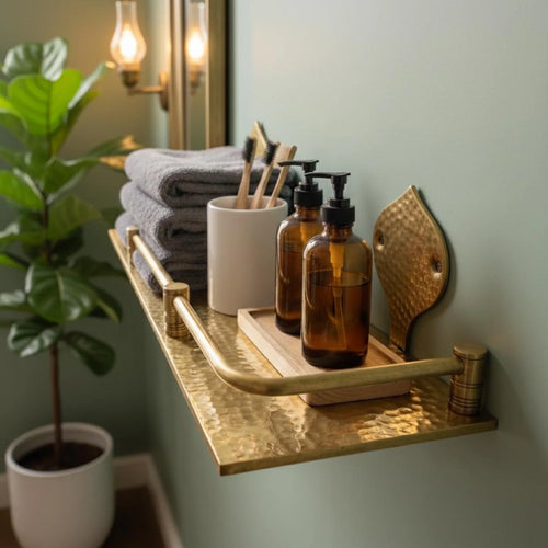 Engraved Brass Bathroom Shelf: Moroccan Handmade Wall Decor, 15 inch