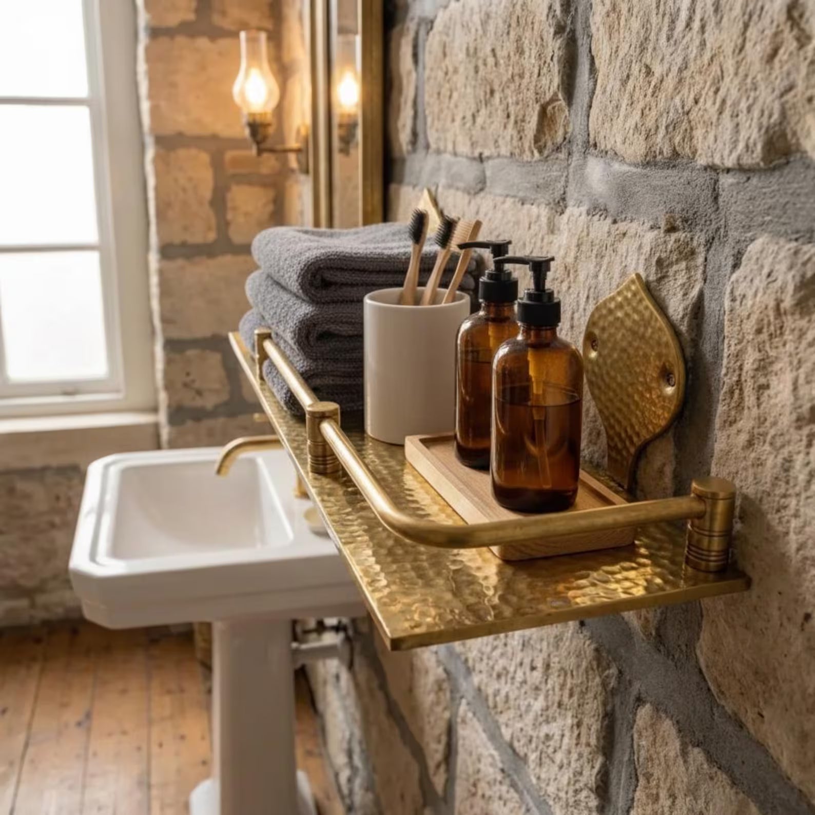 Engraved Brass Bathroom Shelf: Moroccan Handmade Wall Decor, 15 inch