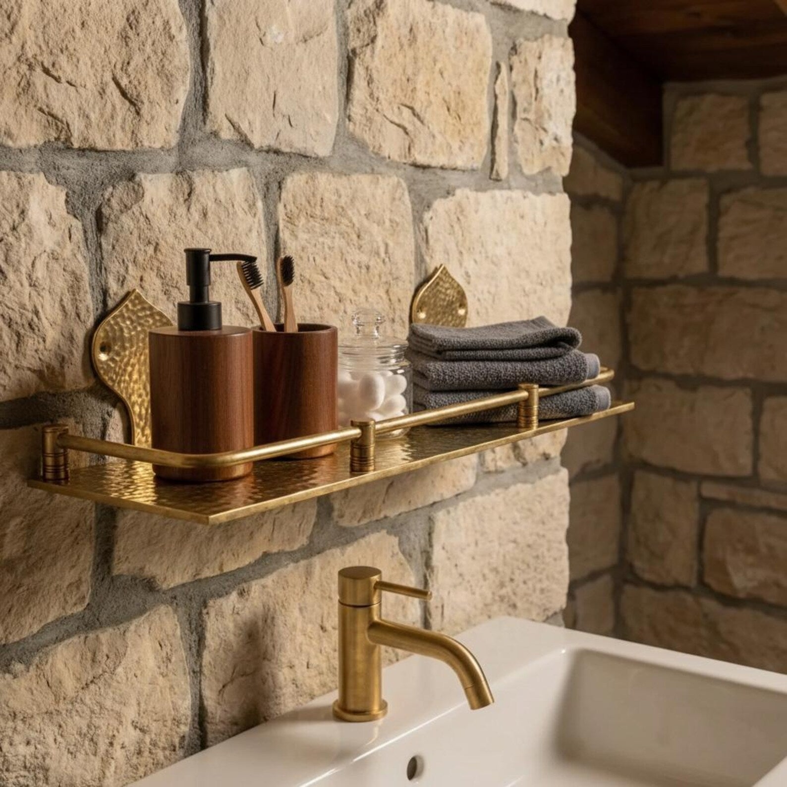 Engraved Brass Bathroom Shelf: Moroccan Handmade Wall Decor, 15 inch