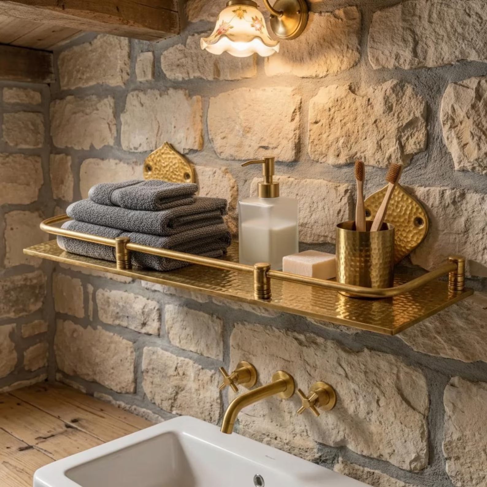 Engraved Brass Bathroom Shelf: Moroccan Handmade Wall Decor, 15 inch