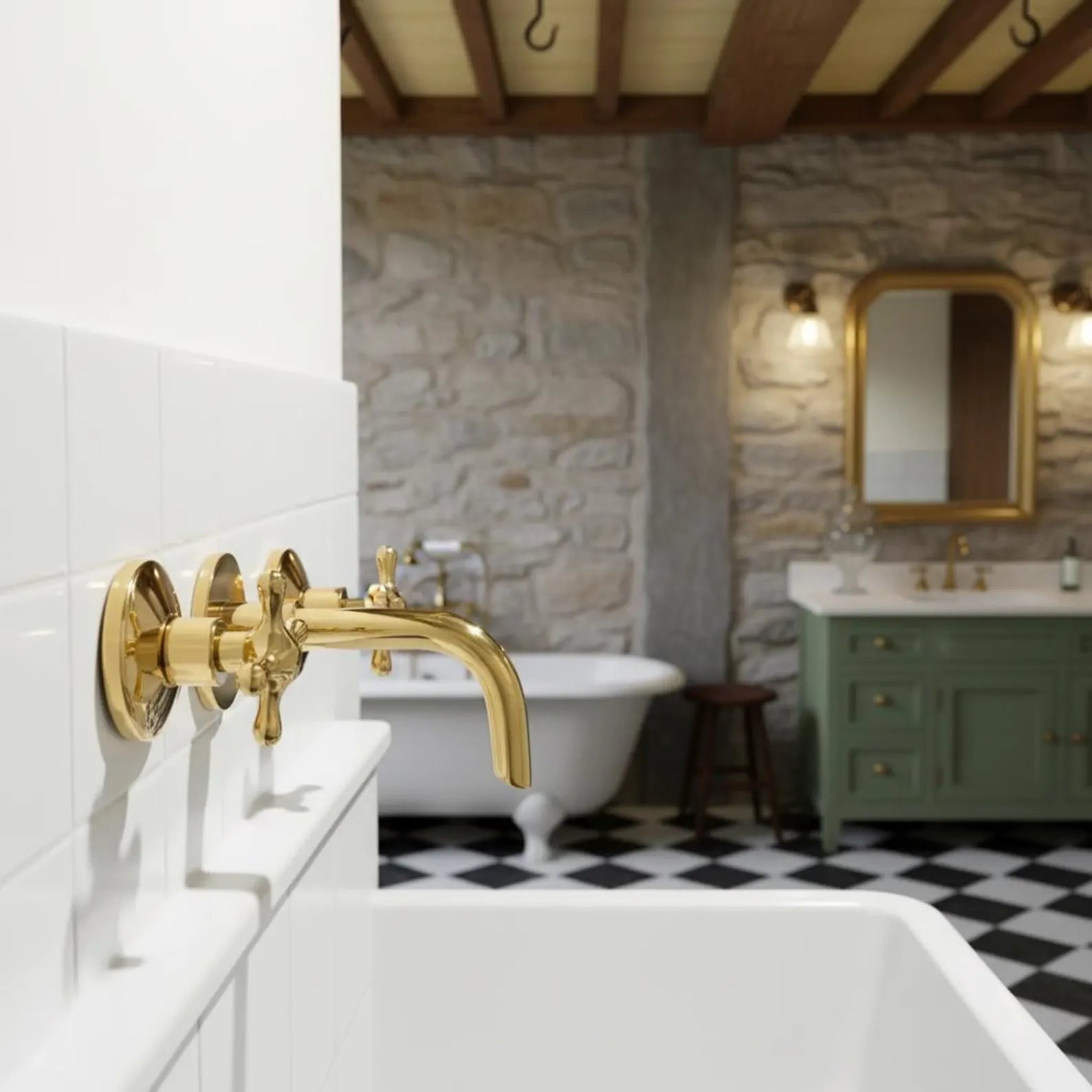 Handmade Unlacquered Brass Wall Mounted Faucet, Bathroom Sink Mixer